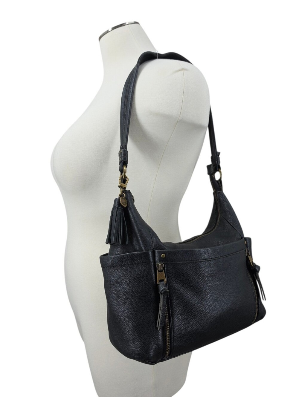 The Sak Black Pebble Leather Hobo Shoulder Bag Tassel Charm